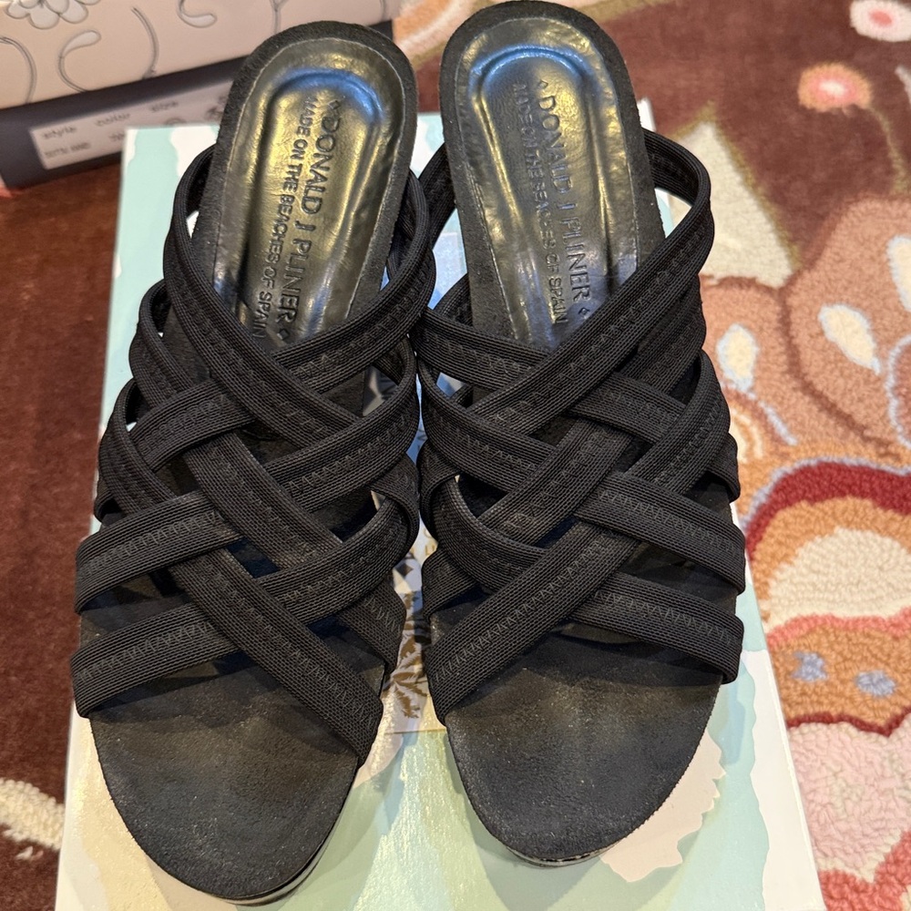 Donald J. Pliner Black Stretch Braided Platform Wedge Sandals